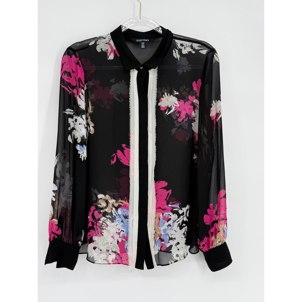 Ellen Tracy Womens Floral Chiffon Button Down Blouse Black Pink Sheer Sz M